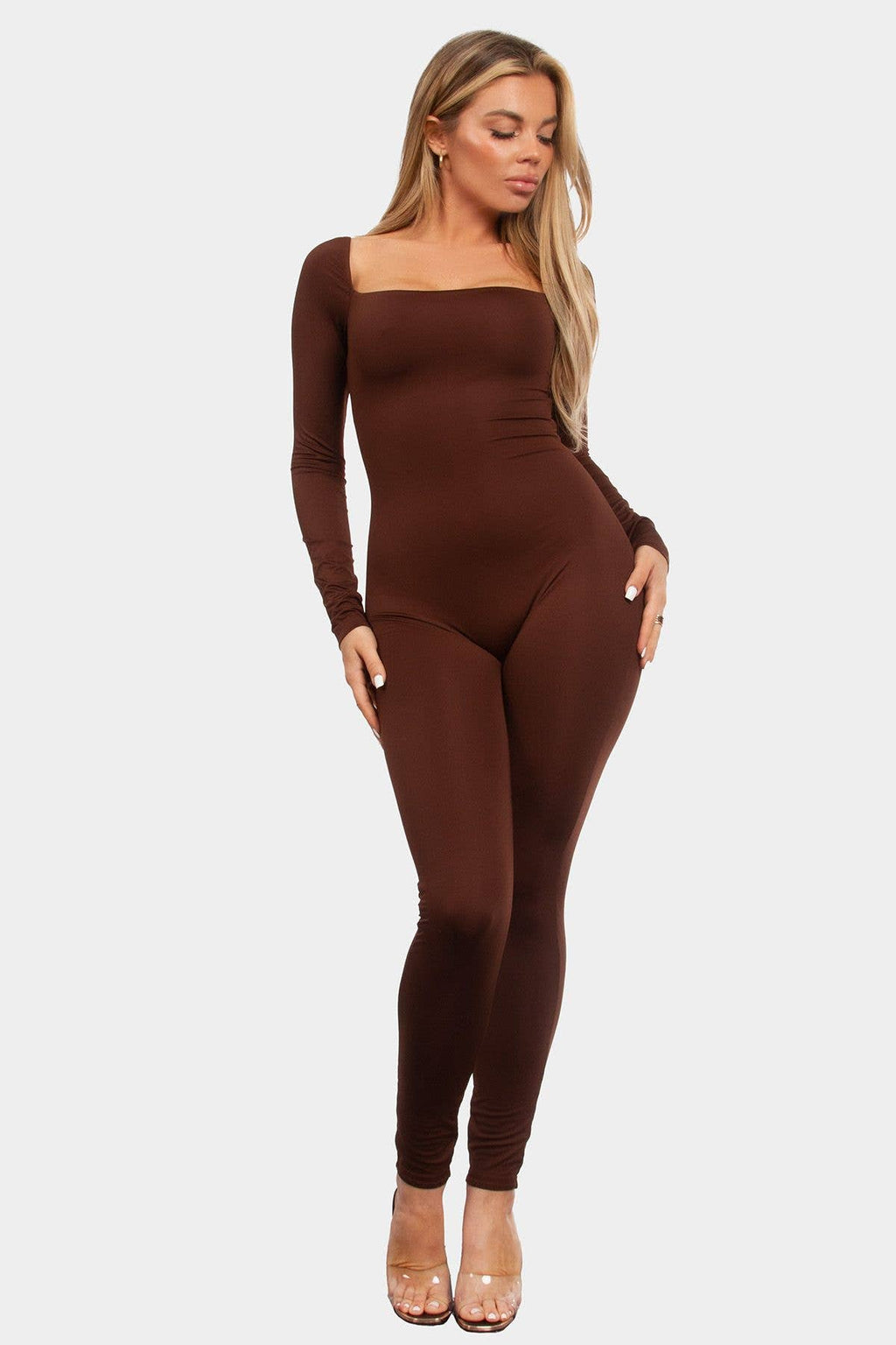 Smooth Long Sleeve Jumpsuit (Brown)