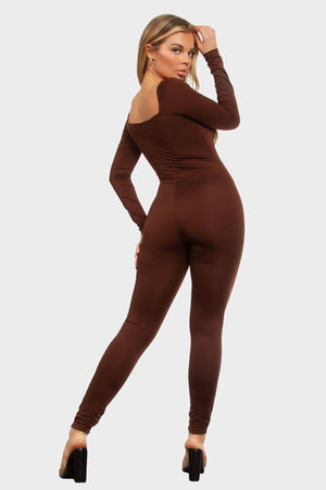 Smooth Long Sleeve Jumpsuit (Brown)